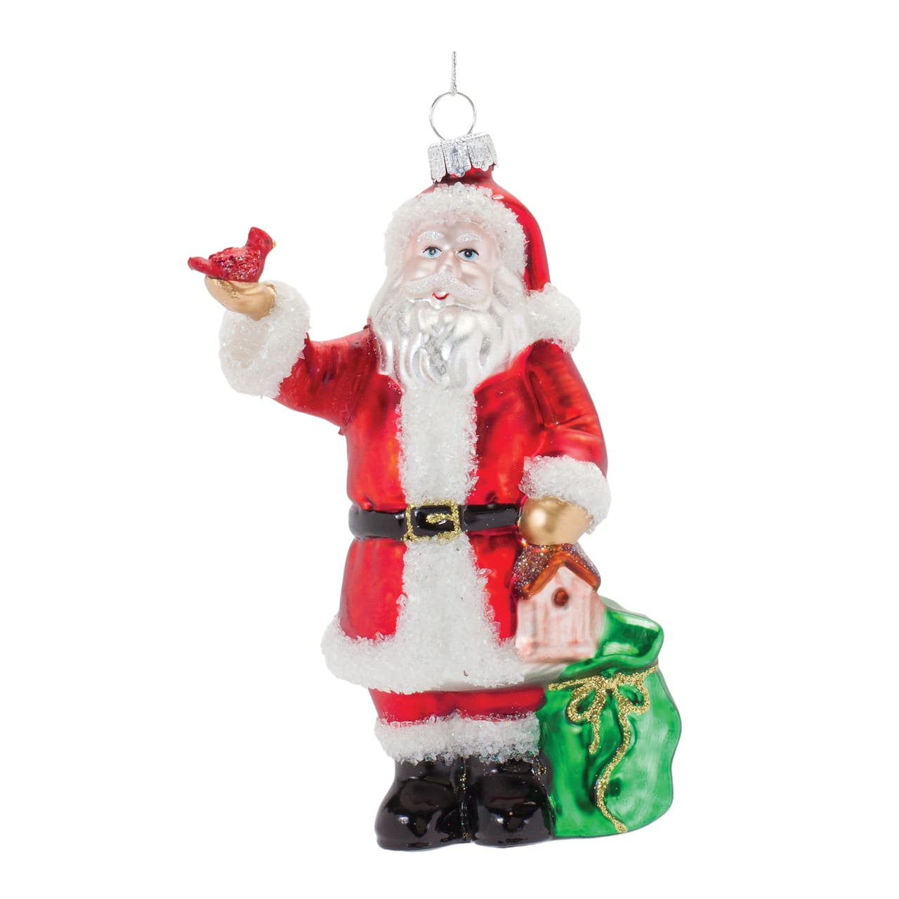6ct. Red & White Glass Santa with Cardinal Bird Ornaments